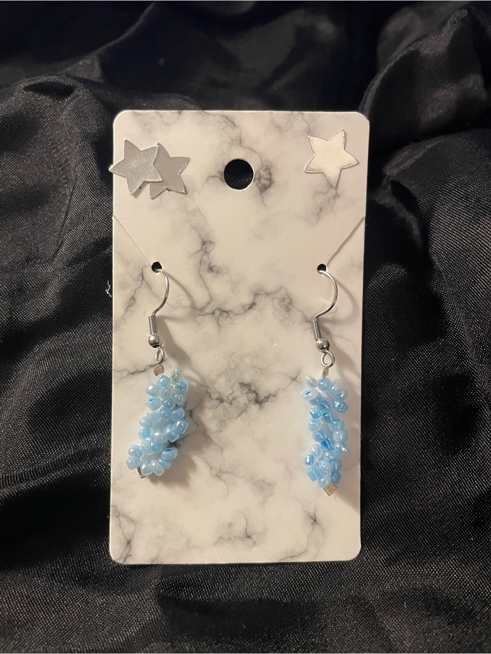 Handmade Light Blue Floral Beaded Dangle Earrings